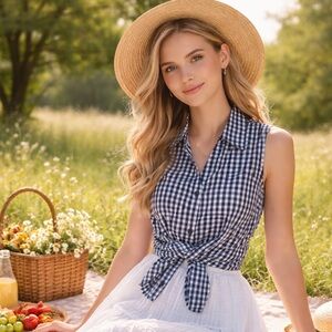 Basic Editions Navy Gingham Checkered Sleeveless Blouse, Size S